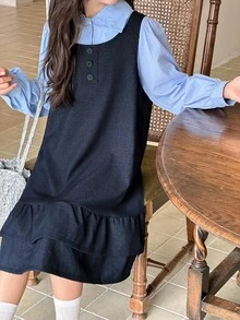 DAZY Set de rochie cu mânecă lungă și bretele, culoare solidă, pentru fete preadolescente, ținută la modă stradală pentru toamnă