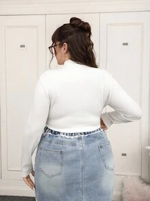 SHEIN EZwear Große Größen Stehkragen Halber Reißverschluss Langarm Gerippter Bodysuit - Weiss - Übersicht 2