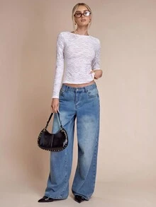 SHEIN BAE Women's Textured Round Neck Long Sleeve Backless Tie Design Sexy Fitted T-Shirt, Going Out, White Top, Christmas Party Top, New Year ,Thanksgiving For Women, Party, White T-Shirt - White - View 7