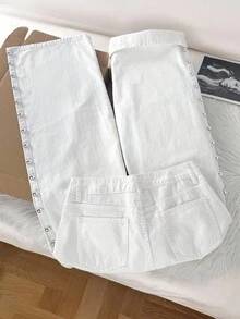 Comfortcana INS博主风格白色夏季牛仔裤金属装饰设计个性时尚百搭海滩度假牛仔裤女机场风返校风2025新款上市 - 白色 - 查看 2