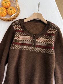 SHEIN EZwear Vintage Pattern Plus Size U-Neck Button Flare Sleeve Sweater, Suitable For Autumn/Winter