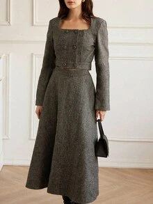 Aveloria Rosie Solid Color Commuter Chic Boxy Collar Cropped Top & Flared Midi Skirt 2 Pieces Set - Multicolor - View 4