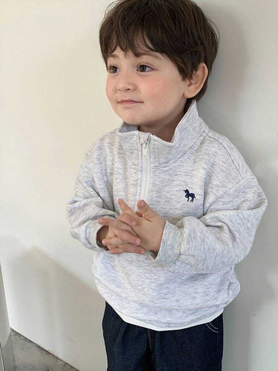 DAZY Toddler Boys' Cartoon Embroidery Collar Long Sleeve Sweatshirt, Autumn/Winter - Light Grey - View 1