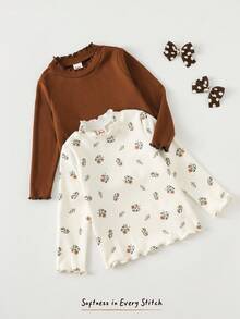 Cozy Pixies 2 件套女婴花卉印花柔软针织荷叶边下摆圆领长袖套头衫上衣套装 - 彩色 - 查看 6