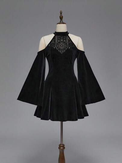 Goth Vestido con mangas acampanadas, estampado floral en relieve, estilo palacio, con parches en estilo gótico, para Halloween