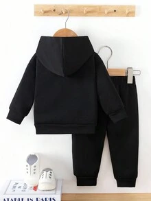 SHEIN 2pcs Baby Girl Outfit, Fashionable & Cute Leopard Bow & Cherry Print Hooded Fleece Sweatshirt And Cherry Print Fleece Pants Set, Suitable For Outings In Autumn/Winter Fall - Black - View 2