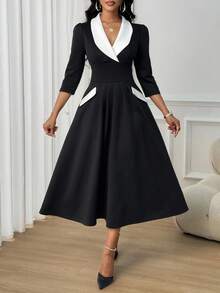 SHEIN Lady Robe élégante et pour femmes avec col châle et manches 3/4 de couleur contrastée - Noir et Blanc - Voir 8