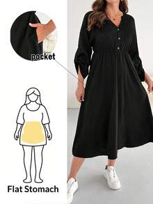 SHEIN Essnce Plus Size Women's Spring And Autumn Fashion Casual Loose Comfortable Daily V-Neck Textured Fabric Waist Black Long Sleeve Mid-Length Dress With Pockets,Fall Outfits,Church Clothes For Women,Fall Clothes For Women