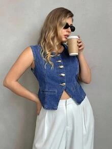 SHEIN Privé 大码女式夏季金属单排扣圆领无袖休闲牛仔衬衫 - 中等水洗藍 - 查看 5