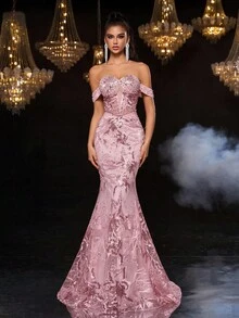 Glamrae Elegant And Gorgeous Mesh Sequin Embroidery One-Shoulder Heavy-Duty Full-Piece Three-Dimensional Hand-Beaded Cannon Beads Front Center Fishtail Tail Tail Suitable For Dating Parties, Wedding Events Heavy-Duty Evening Dress