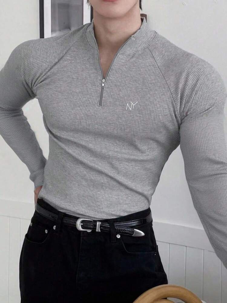 Men's Slim Fit T-Shirt With Letter Embroidery And Raglan Sleeves, Autumn Business Attire Quarter Zip Men