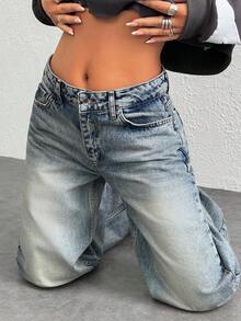 EURMUSE WOMEN LOOSE LOW WAIST WIDELEG MEDIUM BLUE WASH DENIM JEAN Y2K - Dark Wash - View 4
