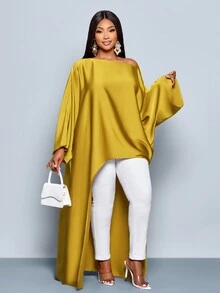 SOLERSUN Women's Solid High Low Hem Flounce Sleeve Asymmetrical Hem Blouse,Ladies Casual Asymmetrical,High Low Long Sleeve Round Neck Loose Long White Batwing Sleeve Top Women Satin Blouses ,Casual Daily Wear