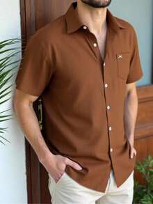 Manfinity Homme 男士休闲简约百搭日常短袖衬衫，夏季棕色衬衫男士带口袋衬衫男士棕色衬衫铁锈色男士衬衫男士短袖衬衫 - 咖啡棕 - 查看 3