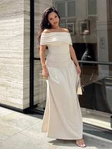 NegzBox Women's Solid Off Shoulder Cinched Waist Dress, Simple & Minimalist, Summer