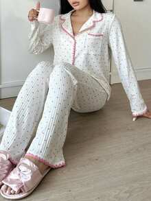 SHEIN Teen Girls Pajamas Cute Heart Contrast Trim Collar Girl Pajama Set Pajamas For Teens Heart Print Pajamas Girls Pajama Set Teen Girl Pajamas Lounge Set Fall Winter