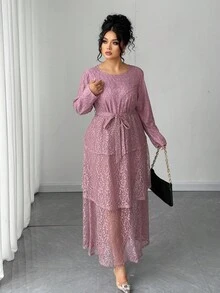 Elenzga Plus Size Women Elegant Round Neck Lace Long Sleeve Commuter Dress Fall Cloth For Women - Pink - View 4
