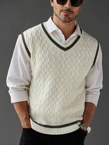 Manfinity Homme 男士休闲百搭撞色饰边针织毛衣背心，秋冬 - 白色 - 查看 1