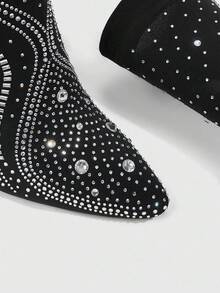 CUCCOO SZL 女士尖头高跟弹力水钻袜靴 - 黑色 - 查看 5