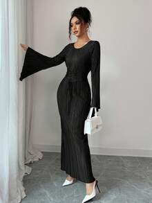 Elenzga 女式纯色喇叭袖腰带设计优雅连衣裙 - 黑色 - 查看 3