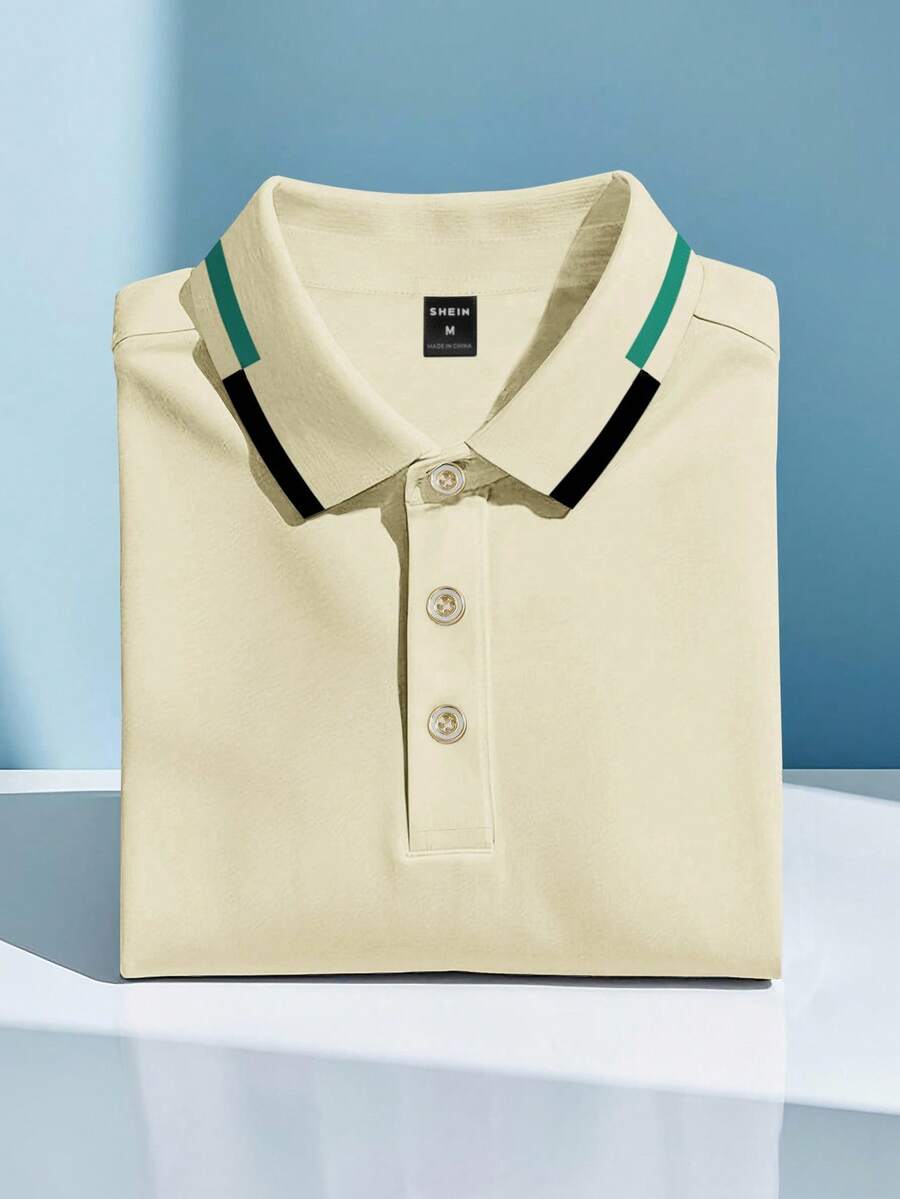 Calvornis Men's Contrast Color Half-Placket Casual Versatile Short Sleeve Polo Shirt Golf Shirt For Men Mens Polo Shirt