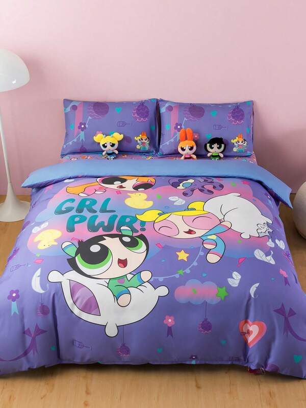 THE POWERPUFF GIRLS X SHEIN Conjunto de cubierta de edredón cómodo con lindas figuras de dibujos animados y patrón de cojín