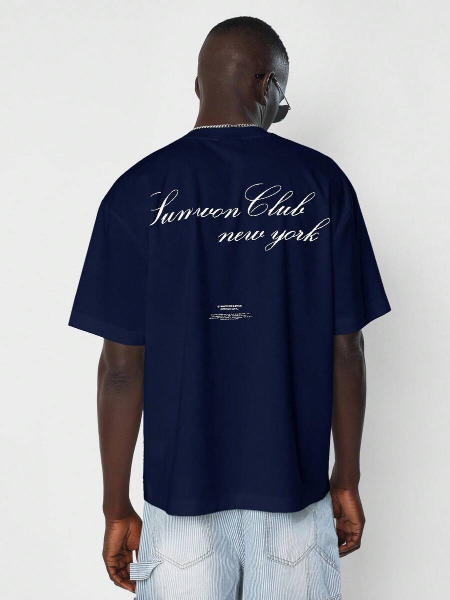 SUMWON Camiseta oversize premium de verano Sunwon Club New York, ropa urbana casual de moda con diseño de logotipo y texto, ajuste regular suave - Azul Marino - Ver 1