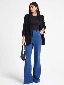 Daynim 女式休闲通勤原创喇叭牛仔裤 - 中等水洗藍 - 查看 5