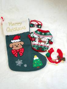 PETSIN 4件套宠物圣诞礼物包，猫狗通用服装，可爱秋冬鹿图案毛衣，附赠项圈配件套装，包含带收纳功能的绿色礼品袋