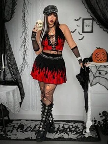 Whyspr Grunge Punk Plus Size Co-Ords Cool Flame Print Dark Party Halter Top With Mini Pleated Skirt Two-Piece Set Grunge Punk - Black - View 4