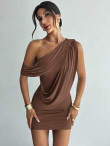 Firerie 女士优雅精致浪漫性感时尚度假派对日常装绿色不对称褶皱紧身迷你连衣裙 - 咖啡 - 查看 7