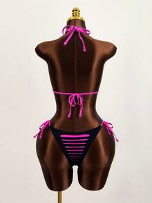 Swim EVENT 女士性感音乐节海滩装，黑色和紫红色双层开叉镂空系带比基尼套装，夏季 - 彩色 - 查看 2