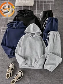 3pcs/Set Teen Boys' Solid Color Hoodie And Sweatpants Set, Fashion Casual Streetwear Outdoor Pocket Drawstring Waist Autumn Blue - Multicolor - View 1