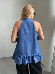 SHEIN Privé 大码女式夏季无扣V领无袖牛仔衬衫 - 中等水洗藍 - 查看 3