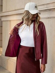 SHEIN Clasi Women's Casual Knitted PU Collar Jacket, Autumn/Winter - Burgundy - View 9