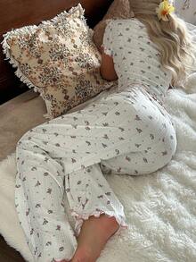 CottageSlumber CottageSlumber Conjunto de pijama casual de mujer CottageSlumber con estampado floral de jacquard cómodo