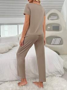 Women's Round Neck Short Sleeve Letter Print Casual Top And Pants Pajama Set - Khaki - View 2