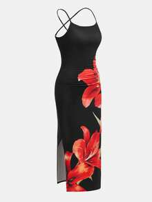 Girlism 青少年女孩花卉印花开衩吊带休闲连衣裙，适合夏季、度假、派对、户外穿着