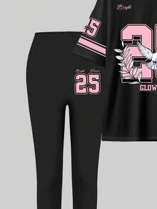 SHEIN 2pcs Women Casual Creative Number 28 Contrast Color Print T-Shirt And Leggings Set, Fall Outfit 2pc Clothing 2 Pieces Sets - Multicolor - View 5