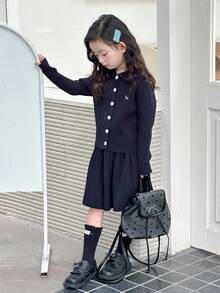 Dazy Kids Young Girl Casual Versatile Cardigan & Knit Skirt Set - Navy Blue - View 4