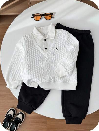 SHEIN 2pcs Young Boys Black & White Casual School Cute 2 In 1 Thermal Lined Thick Cartoon Pattern Collar Sweatshirt & Elastic Waist Black Pants Set, Suitable For Autumn & Winter Outdoor, Kindergarten, Tracksuit Fall