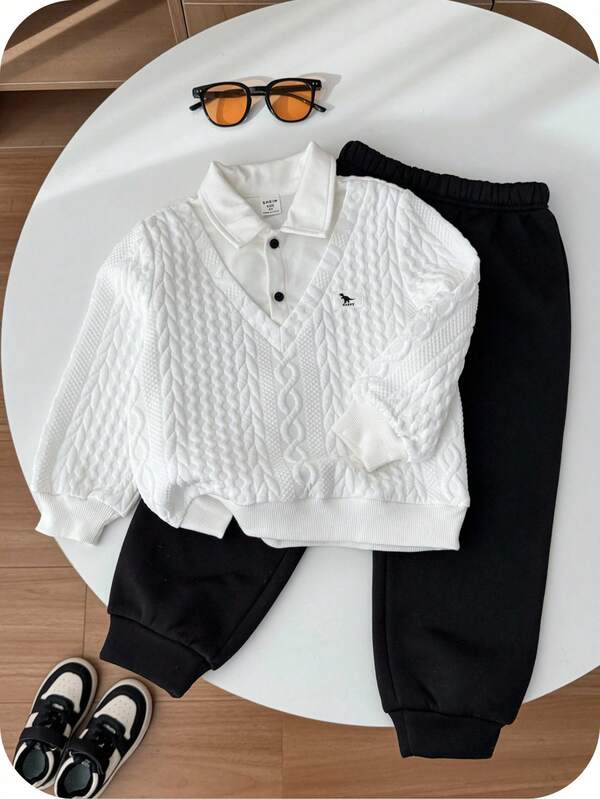 SHEIN 2pcs Young Boys Black & White Casual School Cute 2 In 1 Thermal Lined Thick Cartoon Pattern Collar Sweatshirt & Elastic Waist Black Pants Set, Suitable For Autumn & Winter Outdoor, Kindergarten, Tracksuit Fall