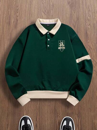 Manfinity Campus Court Aesthetic Post--Men's Colorblock Turn-Down Collar Long Sleeve Sweatshirt, For Fall