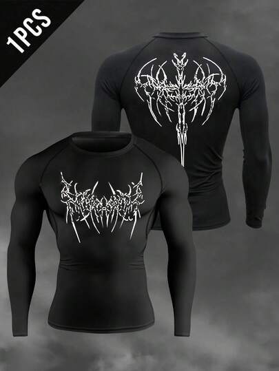 Manfinity Sport Corelite 男士哥特印花圆领插肩长袖运动T恤 男士压缩上衣 图案压缩衫 健身上衣 长袖压缩衫 男士