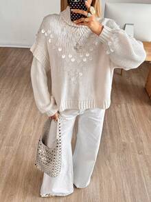 Siren Gaze Women's Solid Color High Neck Drop Shoulder Sequin Knit Pullover Sweater Winter,Christmas Sweater Casual - Apricot - View 6