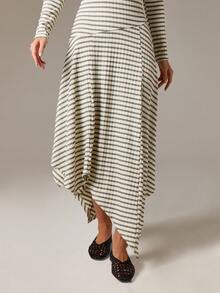 AiiRZ Asymmetric Hanky Hem Striped Maxi Dress Long Sleeve Fitted Winter Fall Fashion Statement Piece Holiday Party Festival Unique Design - Multicolor - View 5