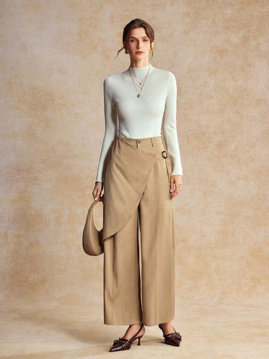 House of One High-Waist Wrap Front Wide Leg Woven Pant Women Casual Spring Autumn