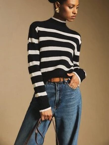 Poéselle 女式条纹立领长袖休闲毛衣，秋季 - 黑色 - 查看 6