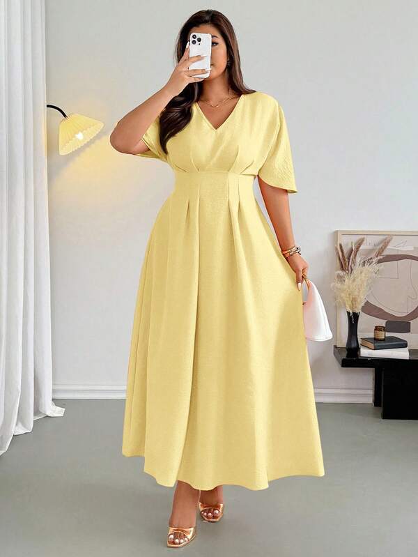 Firerie Plus Size Elegant V-Neck High Waist Pleated Zip Waist Flared A-Line Midi Dress, Casual Commuter Style For Spring/Summer Outings And Vacations