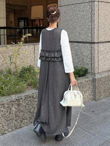 FRIFUL 女式羊毛面料多层荷叶边后背连衣裙，秋季 - 灰色 - 查看 3